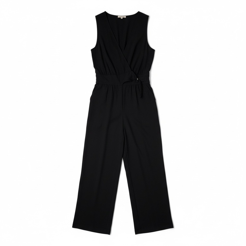 Max Studio Jumpsuit Women Size M Black euc Wrap Wide Leg Sleeveless Pocket